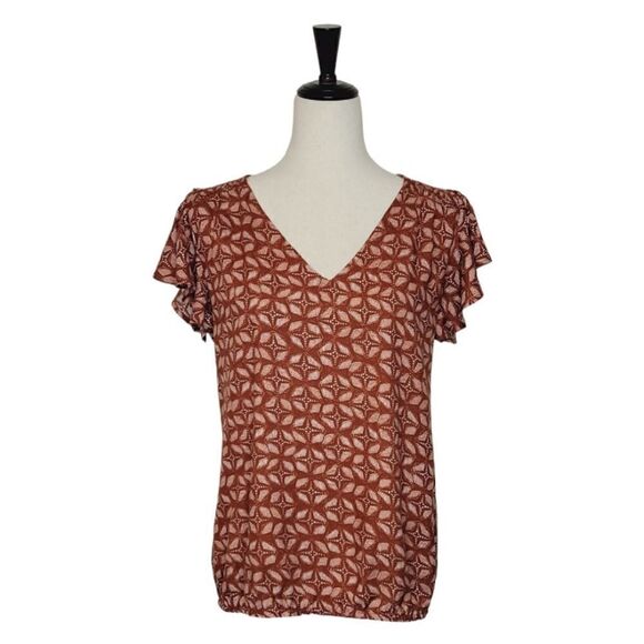 Maurices Rust Mixed Print V-neck Smocked Shoulder Flutter Sleeve Blouse Size M - Picture 1 of 9